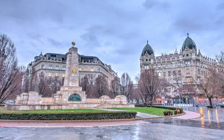 Budapest Liberty Square with Soviet War Memorial and historic buildings on a self-guided walking tour.