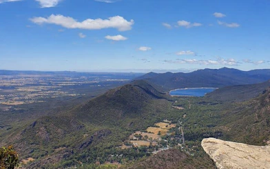 Grampians National Park view with mountains, lake, and valley on a hiking tour.