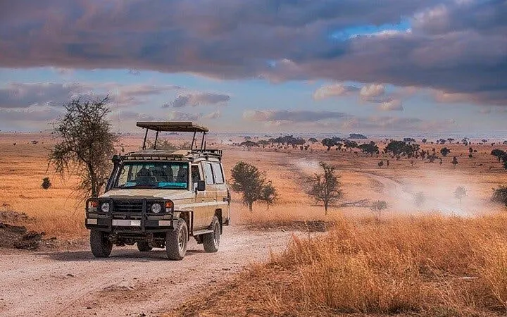 Safari jeep on dirt road in Tanzania's Selous Game Reserve.