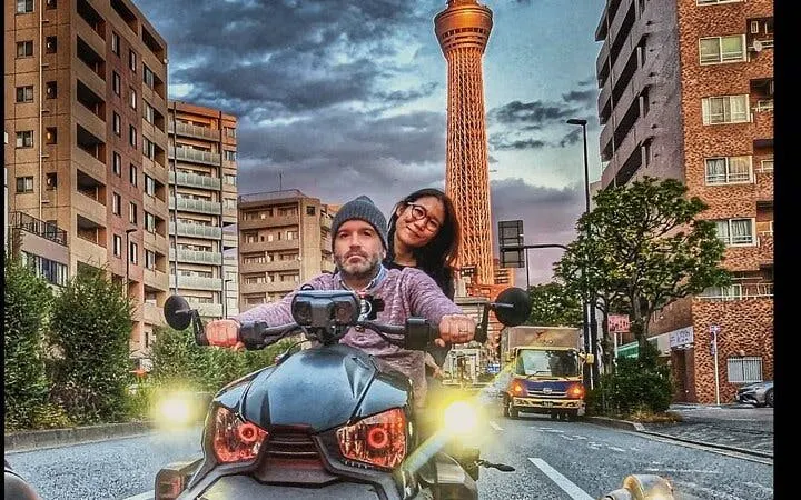 Can-am Ryker ride in Asakusa with Tokyo Skytree in the background.