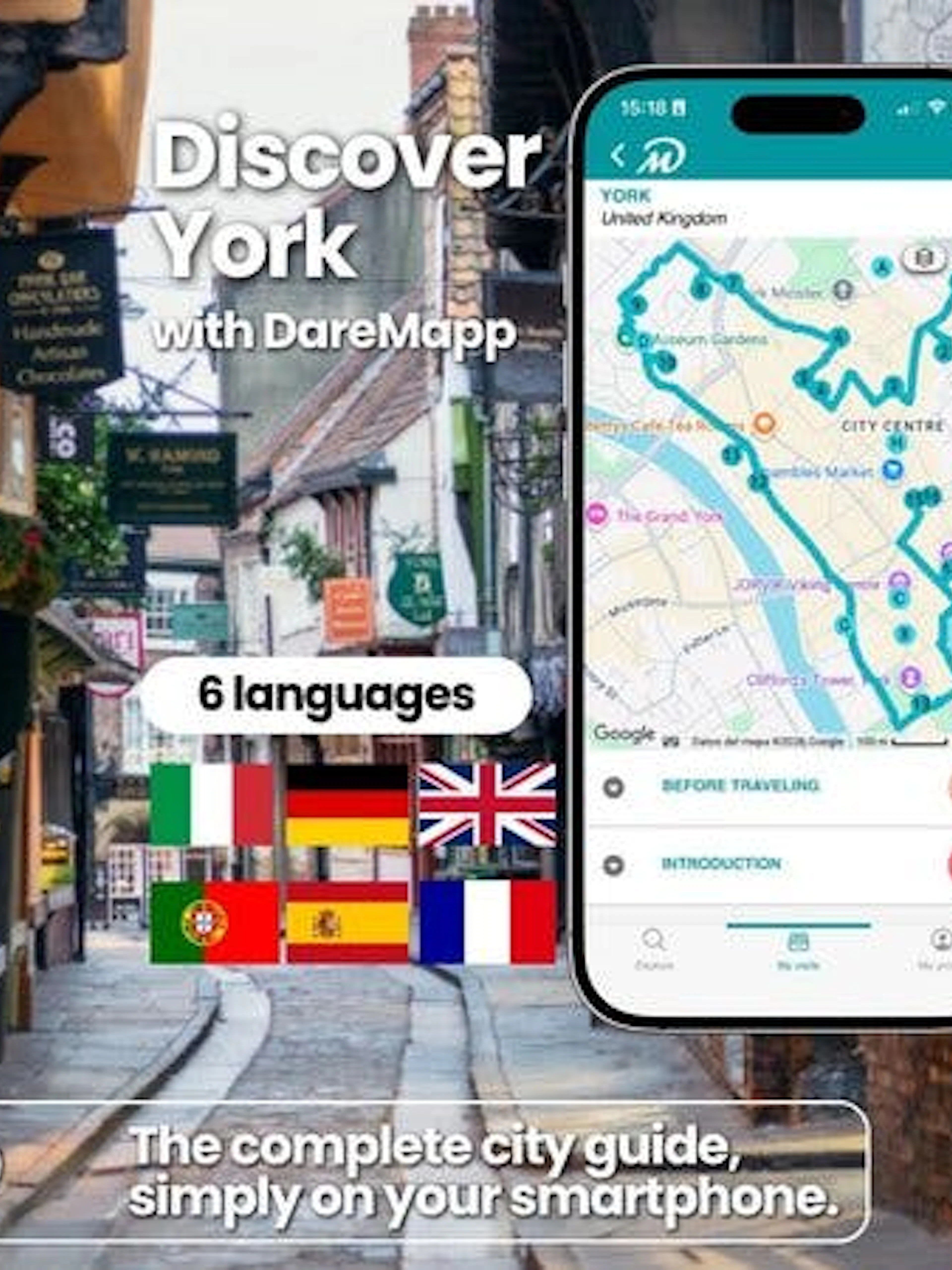 York self-guided walking tour app interface on historic street.