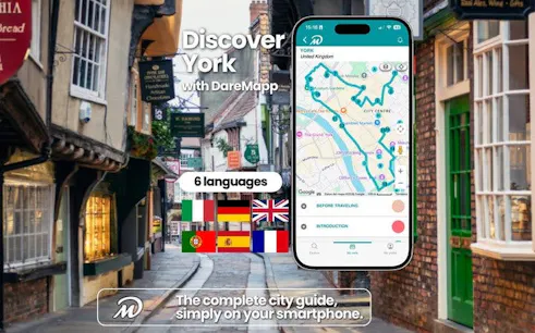 York self-guided walking tour app interface on historic street.