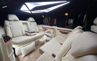 Luxurious interior of a private transfer vehicle at Antalya Airport.