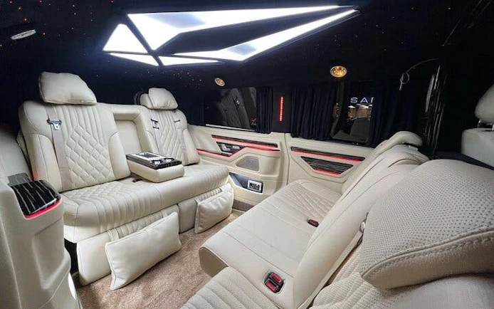 Luxurious interior of a private transfer vehicle at Antalya Airport.