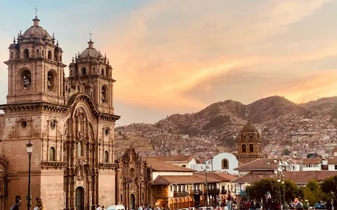 Cusco Cathedral and surrounding buildings at sunset, Cusco Historic Center.