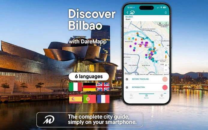 Bilbao Guggenheim Museum with mobile app map for self-guided walking tour.