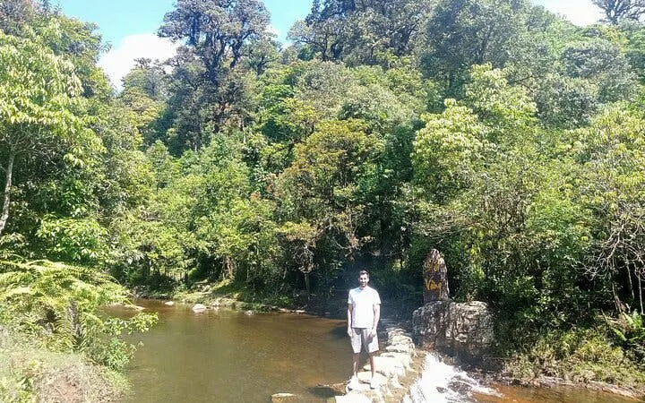 Man standing on stone path by a river in lush Sapa forest during a motorbike tour.
