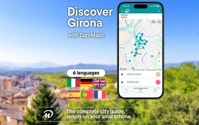 Girona self-guided walking tour app interface with city map and language options.