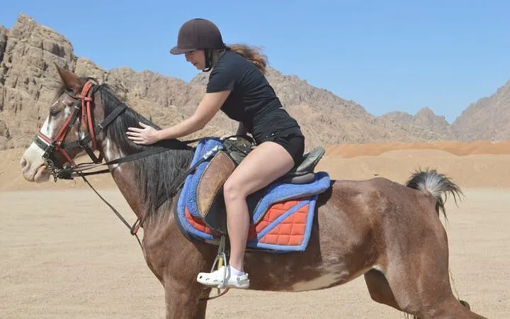 Horseback rider in Sharm El Sheikh desert with rocky landscape in background.