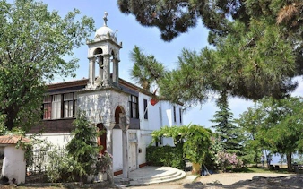 Historic building surrounded by trees on Heybeliada, part of the Princess Islands ferry tour.