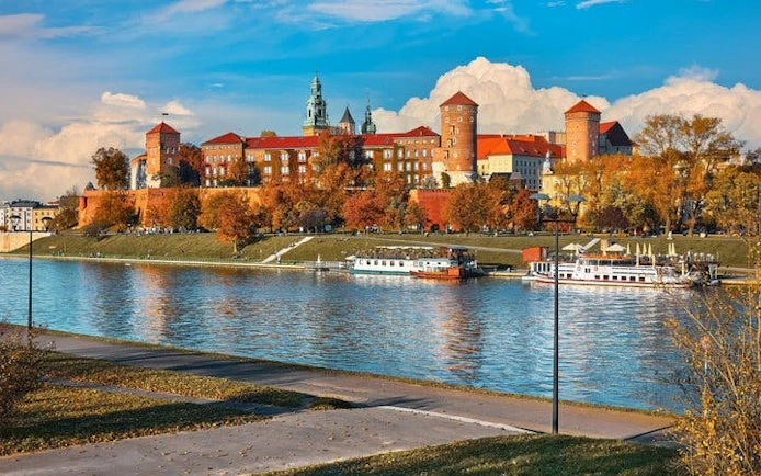 Wawel Castle and Vistula River in Krakow during a self-guided walking tour.
