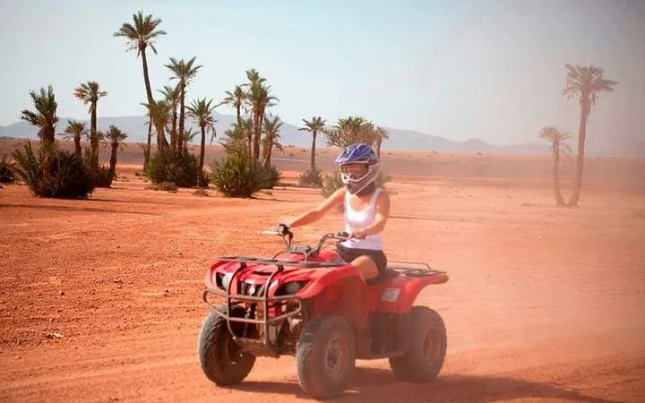 ATV quad bike rider in desert near palm trees, Sharm El Sheikh.