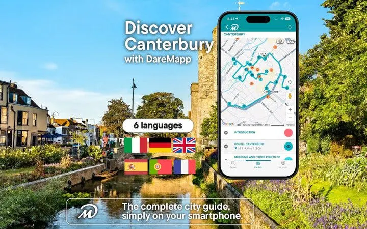 Canterbury walking tour app interface with map and city view.