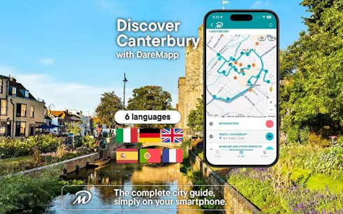 Canterbury walking tour app interface with map and city view.