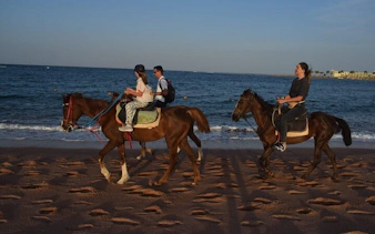 Horseback riders on a beach at sunrise near the Red Sea in Hurghada.