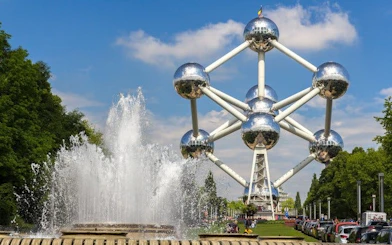 Atomium and fountain in Brussels on self-guided walking tour.
