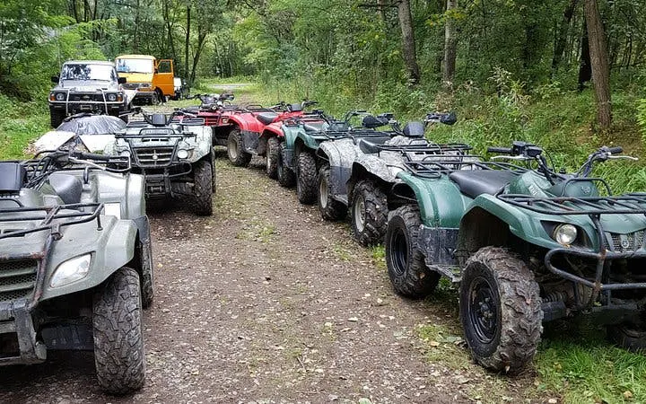 Quad bikes lined up on a forest trail for Krakow off-road tour.