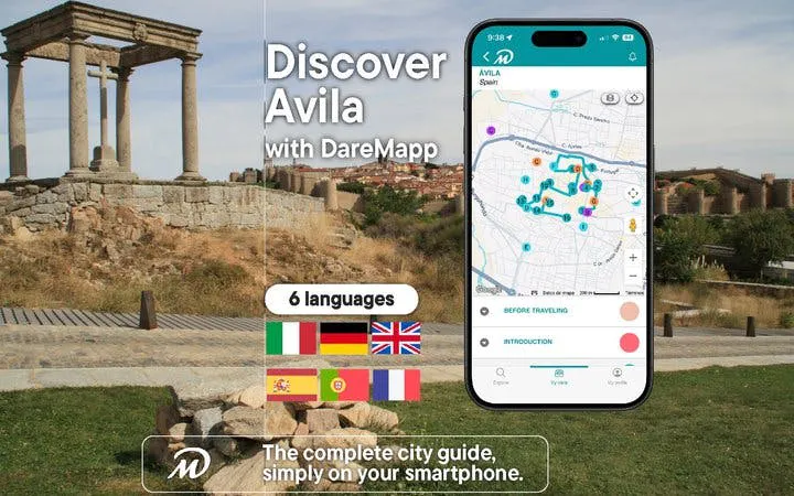 Ávila walking tour app interface with map and landmarks in background.