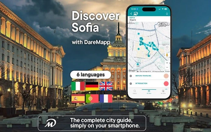 Sofia cityscape with mobile app map for self-guided walking tour.