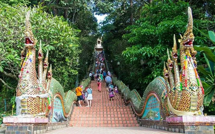 Staircase with dragon sculptures leading to a temple in Chiang Mai, surrounded by lush greenery.