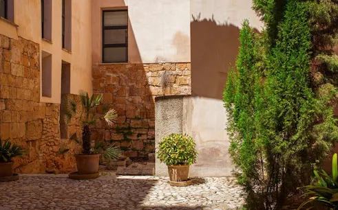 Courtyard with stone walls and potted plants in Palma de Mallorca.