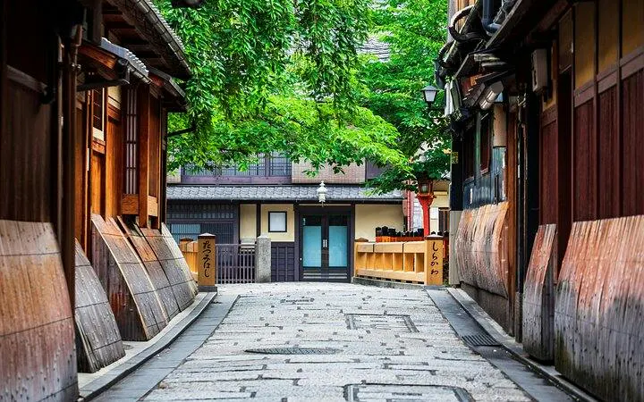 Gion district street with traditional wooden buildings, Kyoto.