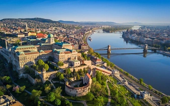 Buda Castle District aerial view with Danube River and Chain Bridge, Budapest.