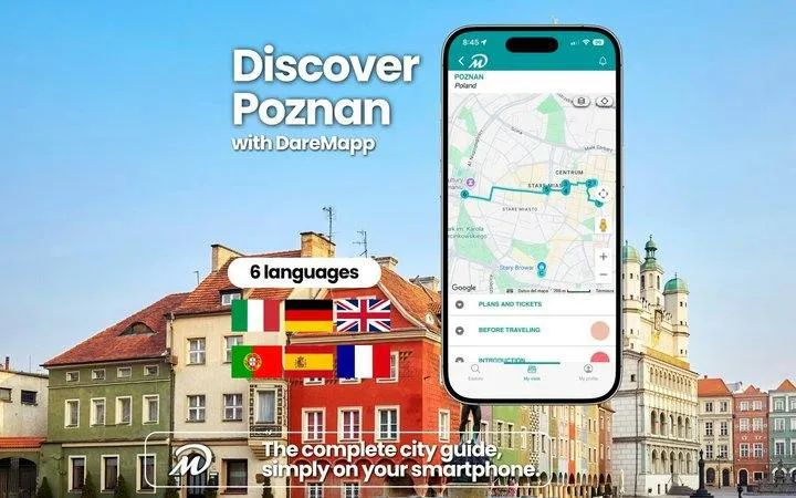 Poznan city guide app on smartphone with colorful buildings and flags, self-guided audio tour.