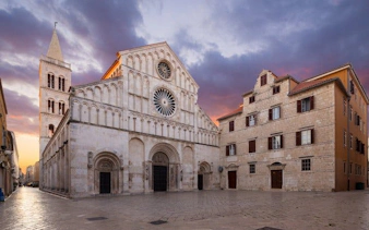 Zadar Cathedral at sunset during self-guided walking tour in Zadar, Croatia.
