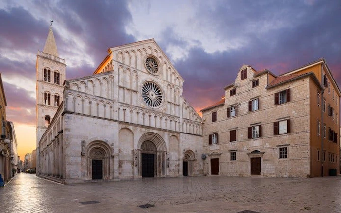 Zadar Cathedral at sunset during self-guided walking tour in Zadar, Croatia.