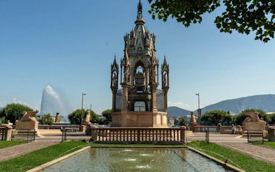 Brunswick Monument and Jet d'Eau fountain on Geneva self-guided walking tour.