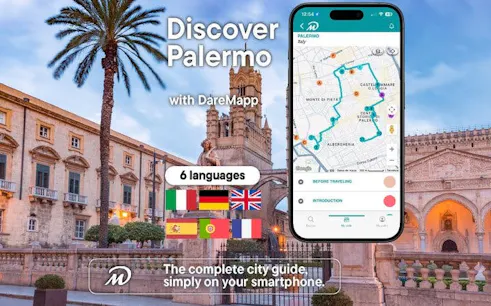 Palermo walking tour app interface with city map and multilingual options.