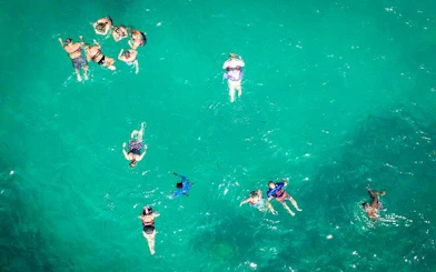 Small group snorkeling in turquoise waters during Punta Cana catamaran cruise.