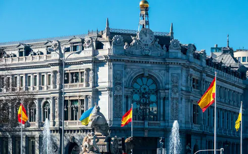 Cibeles Fountain and Banco de España building on Paseo del Prado, Madrid.