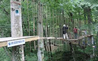 Suspension bridge in Avri Gezgini Macera Park, Sapanca, with tourists exploring the treetop walk.