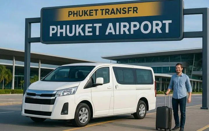 Phuket Airport transfer service with van and traveler holding luggage.