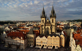 Prague Old Town Square with Church of Our Lady before Týn, view from self-guided walking tour app.