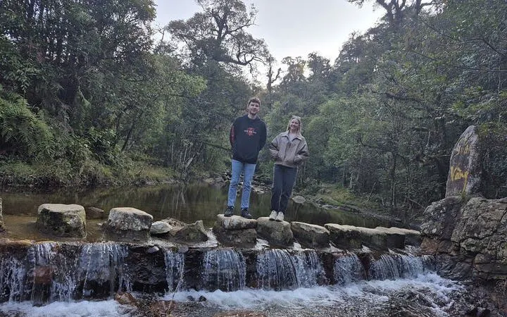 Visitors standing on stone path over stream in Sapa forest during private 2-day tour with homestay in Ta Van.