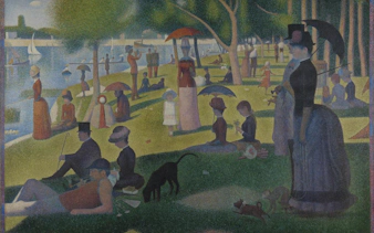 Seurat's "A Sunday on La Grande Jatte" at Art Institute of Chicago, depicting people relaxing by a river.
