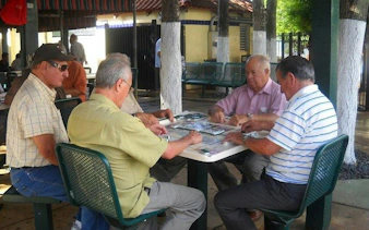 Men playing dominoes at a park in Little Havana, Miami, during a guided tour on Calle Ocho.