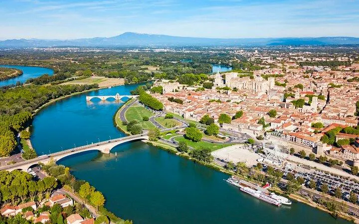 Aerial view of Avignon with Pont Saint-Bénézet and Rhône River, France.