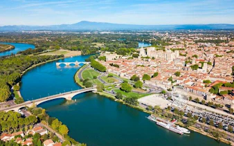 Aerial view of Avignon with Pont Saint-Bénézet and Rhône River, France.