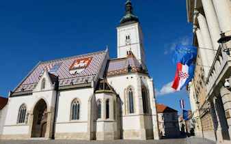 St. Mark's Church with colorful roof tiles in Zagreb on self-guided walking tour.