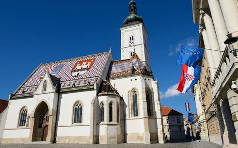 St. Mark's Church with colorful roof tiles in Zagreb on self-guided walking tour.