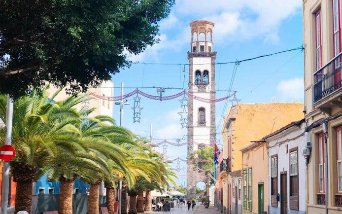 Historic street with palm trees and bell tower in Tenerife, part of a self-guided walking tour.