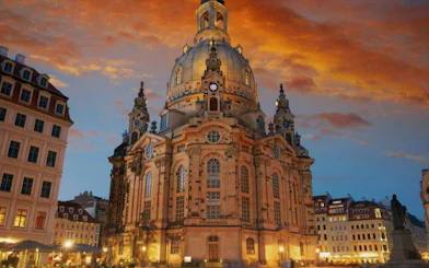 Frauenkirche Dresden at sunset during self-guided walking tour.