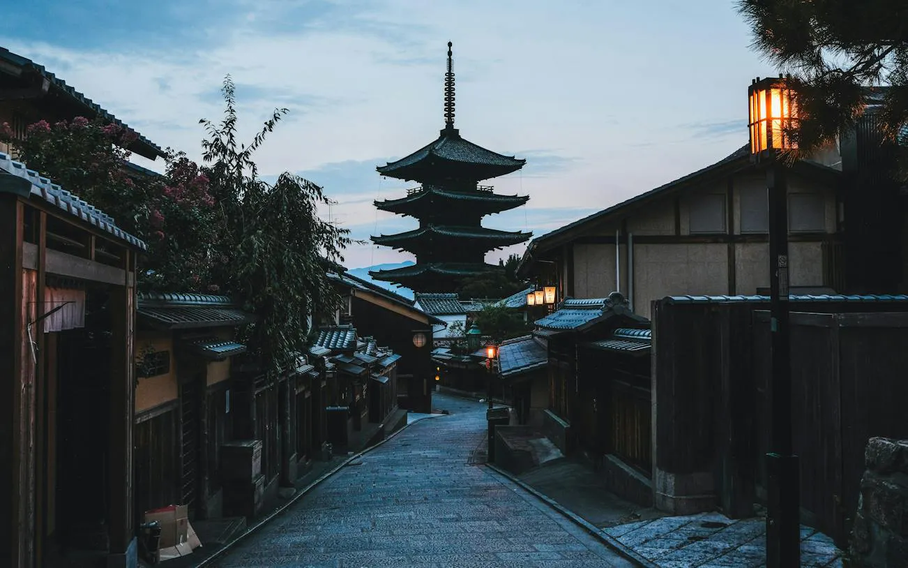 Pagoda view along a traditional street in Higashiyama, Kyoto during a self-guided audio walking tour.