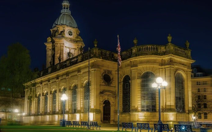 Birmingham Cathedral illuminated at night, part of the Haunted Birmingham exploration game.