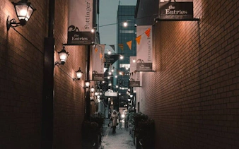 Narrow Melbourne alleyway with hanging lights and banners, part of self-guided city exploration game.