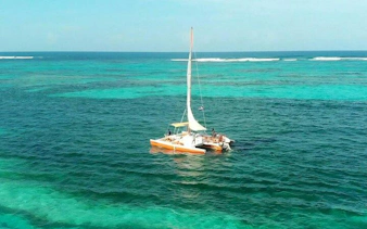 Catamaran sailing in turquoise waters, Punta Cana, with passengers enjoying the view.